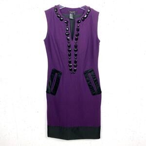 Etcetera Beaded Neckline Sleeveless Wool Sheath Pockets Black Purple Size 2